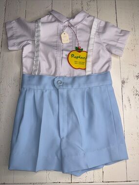 12m vintage 1960s Raphael Baby Boys Light Blue Short Romper Set NWT 100% Cotton